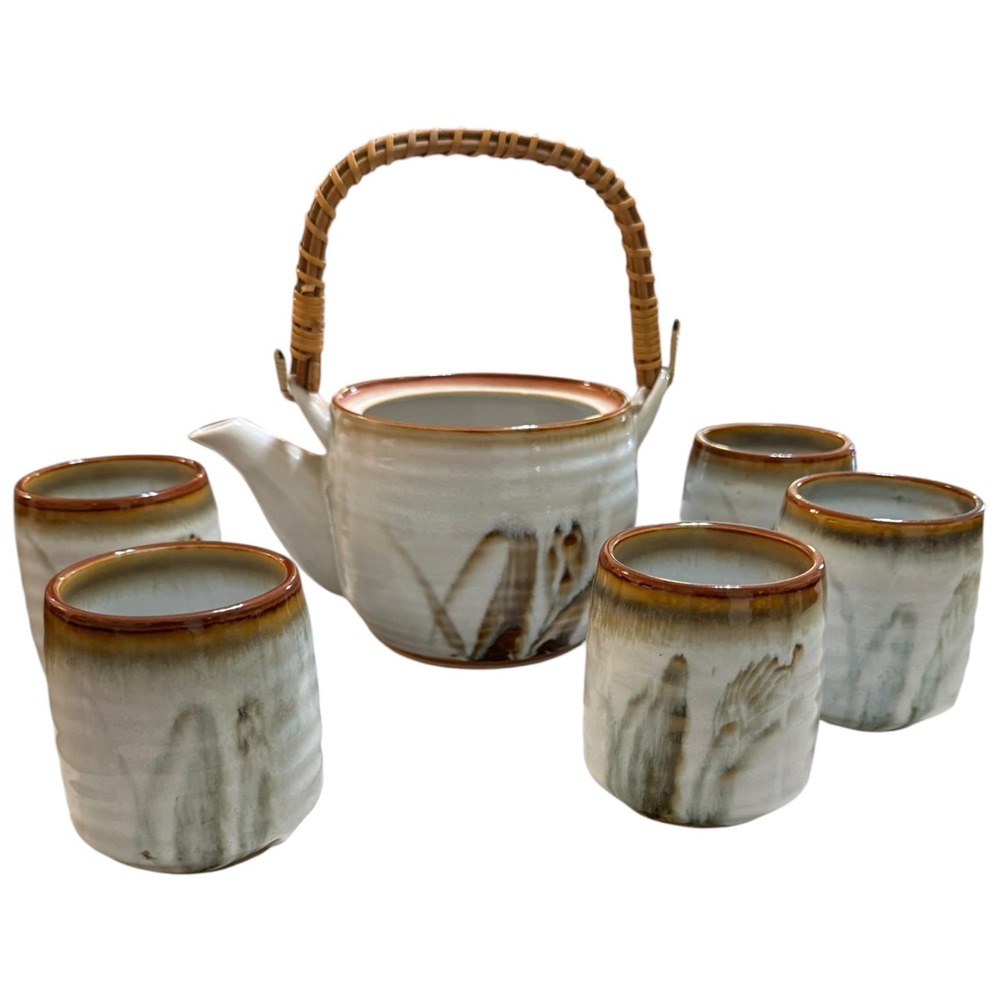 Vtg Japanese Studio Art Pottery Tea Set 5 Cups & Teapot (No Lid) Boho Wabi Sabi